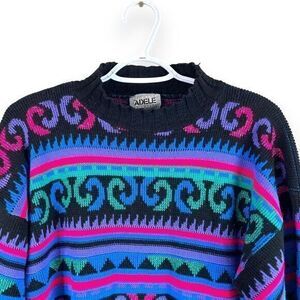 Vintage 90s Adele Geometric Sweater Womens L Purple Made In USA‎ Mock Neck